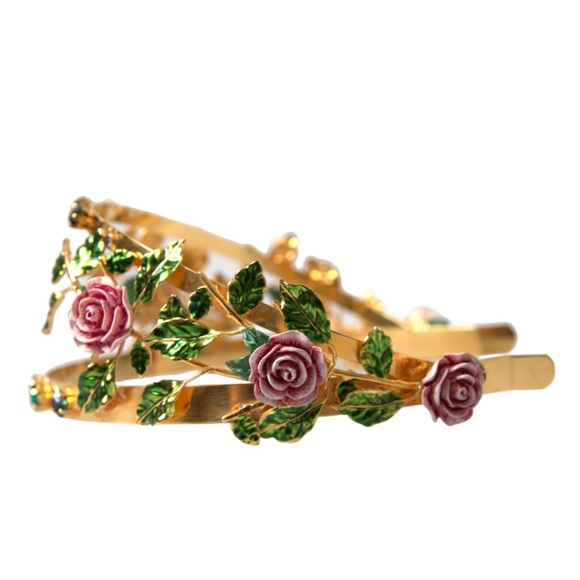 Dolce & Gabbana Accessories - Dolce Gabbana Gold Brass Roses Crystal Embellished Headband Metal Diadem In Box